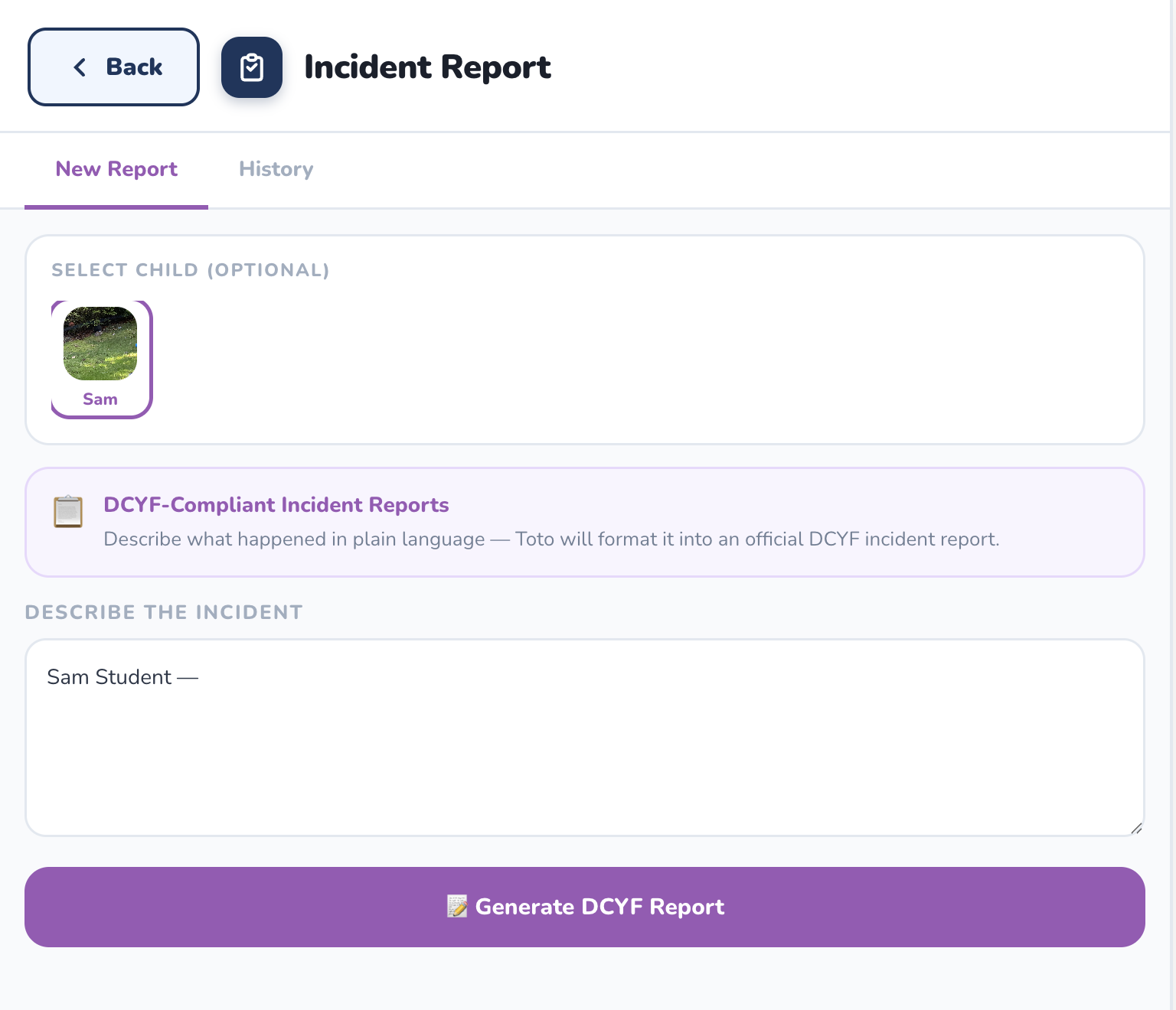 Toto Incident Report screen