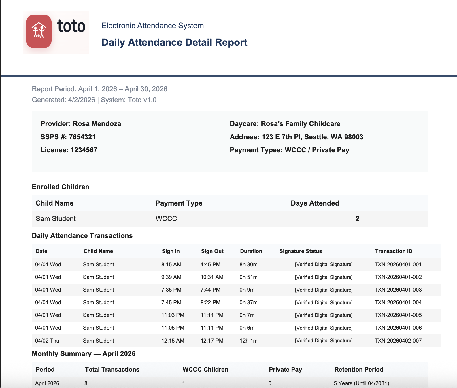 Toto Attendance PDF Report in Navy & Crimson